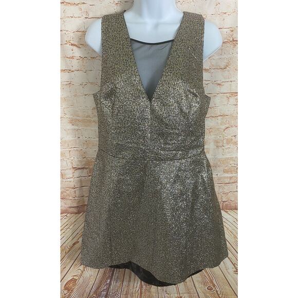 SB by Sachin & Babi Metallic Fit & Flare Mesh V-Neck Mini Party Dress Sz 10 Gold - Picture 3 of 11